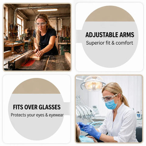 Heavy Duty Safety Goggles With No Sweat Anti Fog Lens And Wide Wraparound Vision Designed To Ride Along Comfortably Over Glasses in workshop setting.