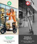 Woman on Electric Scooter With Seat For Adults 550W Motor Foldable Commuter Ride Up To 19 MPH Top Speed And 20 Mile Range