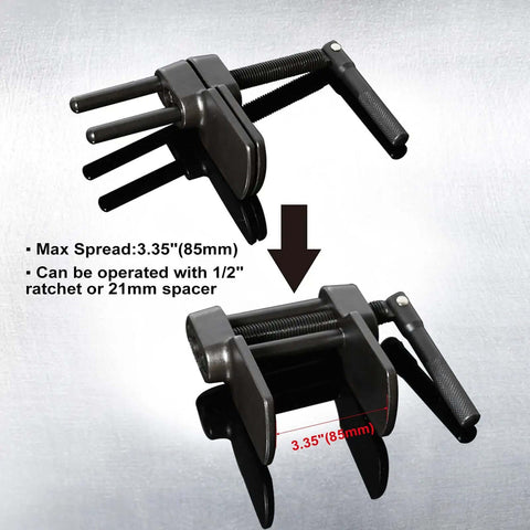 Heavy Duty Disc Brake Pad Spreader Tool For Caliper Piston Retraction showing tool dimensions and operation options.