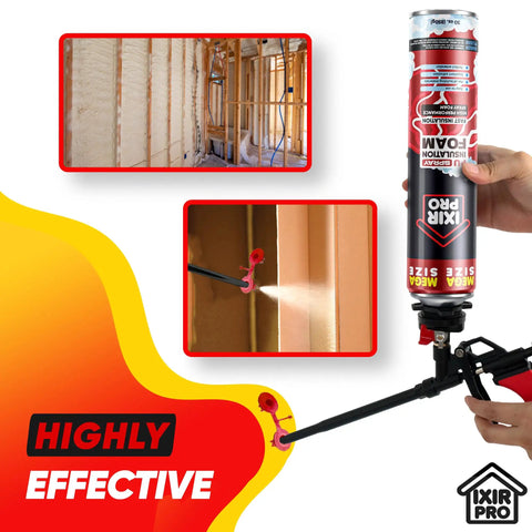 Heavy Duty Expanding Spray Foam Insulation And Air Sealant 18 Pack 30 Oz Mega Cans in use filling gaps in insulation.