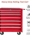 Front view of Seven Drawer Rolling Tool Chest With Lockable Metal Cabinet On Wheels For Garage Workshop And Warehouse Use Built Tough Heavy Duty Tool Storage Cabinet With Large Capacity Drawers Top Work Surface And Secure Lock System.