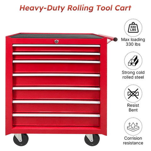 Front view of Seven Drawer Rolling Tool Chest With Lockable Metal Cabinet On Wheels For Garage Workshop And Warehouse Use Built Tough Heavy Duty Tool Storage Cabinet With Large Capacity Drawers Top Work Surface And Secure Lock System.