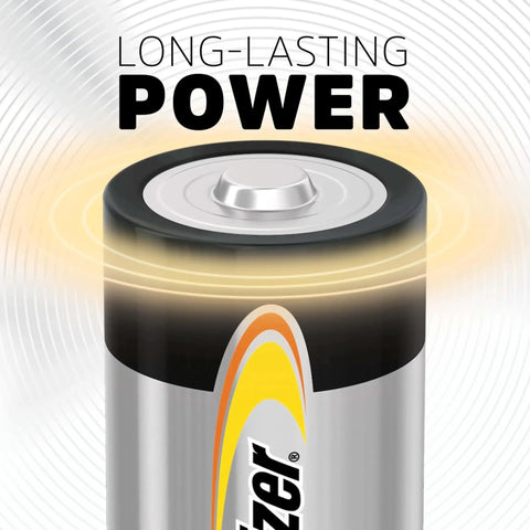 Heavy Duty Size D Alkaline Batteries 12 Pack Delivers Solid All Day Power For Flashlights Smoke Detectors And Smart Home Gear close-up of battery top.