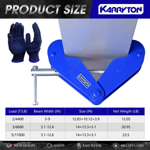 Front view of blue KARRYTON beam clamp, 2-ton capacity, for 3-9 in I-beam flanges