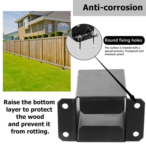 Black metal Railing Post Base 4x4 Real Size 3.5x3.5 with screws for fences; anti-corrosion properties shown with fence image