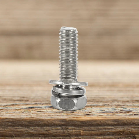 Close-up of M6 bolt with washers and nut from 18 Piece Stainless Steel M6 Motorcycle Battery Bolt Kit With Nuts And Washers