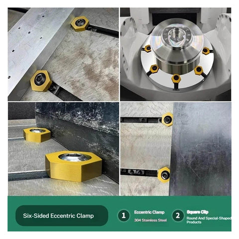 Hexagonal Eccentric Fixture Clamps Set Stainless Steel in use on metal surface, showcasing workholding and clamping setup