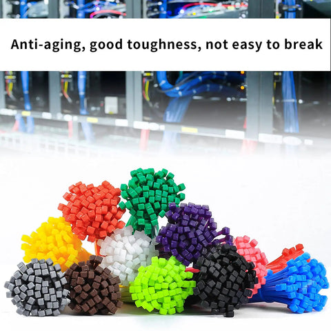Massive 1200 Pack Multicolor Zip Ties 4 Inch Self Locking Nylon Cable Ties Set In 12 Colors, shown in organized colorful bundles