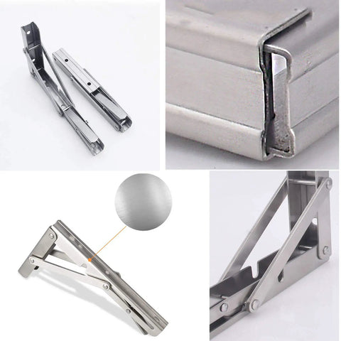 Heavy Hitting Foldable Wall Mount Shelf Brackets One Pair Stainless Steel L Shaped Corner Brace with sturdy support mechanism.