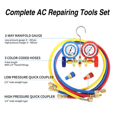 4.5 CFM Vacuum Pump With Brass Manifold Gauge Set, 4ft Three Color Hoses And 2 Quick Couplers, For R134A R12 R22 R502 Refrigerants