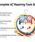 3 Way Brass Manifold Gauge Set For Automotive AC Refrigerant R134A R12 R22 R502 Pro Grade Heavy Duty Kit With Color Coded Hoses And 2 1/4 Inch Straight Quick Couplers, 3-way brass manifold gauge with color-coded hoses