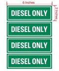 Four visible "Diesel Only" stickers from Diesel Only Stickers Eight Pack 6 By 2 Inch Weatherproof Ultra Durable Fuel Identification Labels For Fuel Tanks Cans Gas Caps And Heavy Equipment Bright White On Green Background.