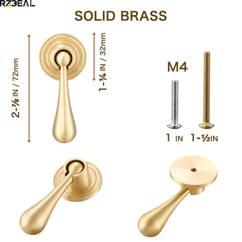 Solid Brass Cabinet Knobs 2 Pack In Brushed Gold Finish, with measurements and screws, modern pendant pulls for kitchen and dresser hardware