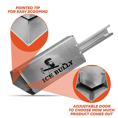 Hardworking Handheld Spreader For Salt Sand Fertilizer Seed And Feed Multi Use Scoop Shaker showing pointed tip and adjustable door