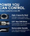 Image showing features of Heavy Duty Drill Powered Winch With Fifth Eighth Inch Hex Drive And Removable Socket Handle Built Tough As Nails For Loading Trailers And Pulling Heavy Beams At 1500 Lb Capacity Made In Usa.