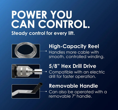 Image showing features of Heavy Duty Drill Powered Winch With Fifth Eighth Inch Hex Drive And Removable Socket Handle Built Tough As Nails For Loading Trailers And Pulling Heavy Beams At 1500 Lb Capacity Made In Usa.