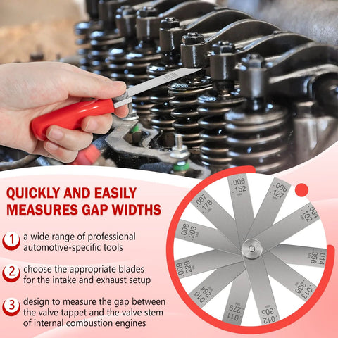 A308 offset valve tappet gauge set with 11 feeler blades and two red-handled tools.