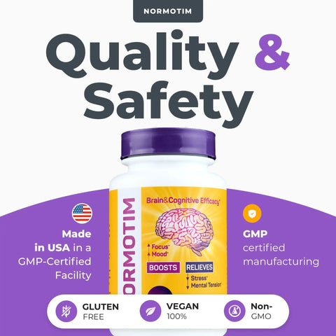 Front label of Normotim Brain and Cognitive Efficacy tablets, showing quality, USA-made, GMP-certified, gluten-free, and vegan.