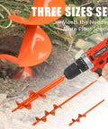 Set of three orange planter auger bits for a 3/8 in hex drill; sizes 1.6x8.6, 3x12, 2x14.5