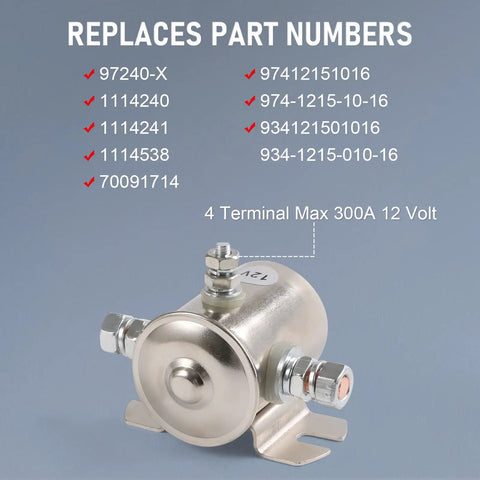 Beefy 200A 12V Three Terminal Solenoid Relay For Golf Carts And Heavy Duty Winches, Marine Ready SPST 12VDC, Zinc Plated Housing, Pro Grade Switch For Auto, ATV, Boat Projects With Smooth Power Switching. 4 terminal 300A 12V zinc-plated relay