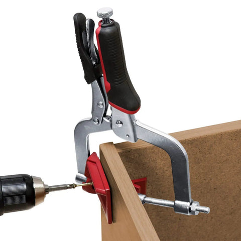 90 Degree Corner Clamp With Swivel Head used for drawer assembly, showing adjustable right angle and heavy duty T joints positioning.
