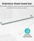 Stainless steel towel bar mounted on white tiled bathroom wall with text description.