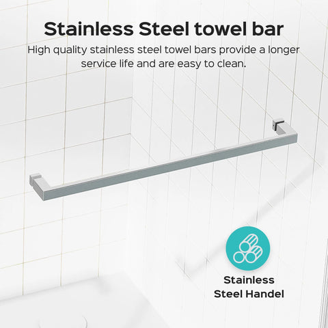 Stainless steel towel bar mounted on white tiled bathroom wall with text description.