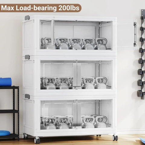 Straight Up Heavy Duty Storage Bins With Secure Lids Four Pack White Hella Spacious Plastic Containers For Garage Bedroom Big Time Organization Smooth Rolling Casters loaded with kettlebells.