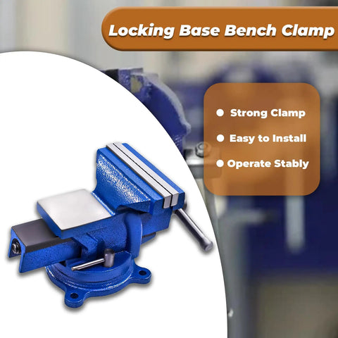 Heavy Duty Bench Vise With Anvil And 360 Degree Swivel Locking Base For A Real Workhorse Clamping In Home Shops Or Industrial Settings, 5 Inch Jaw, 4.92 Inch Wide, 4.33 Inch Opening, Cast Iron Construction, Replaceable Jaws, Steel Handle on blue swivel base