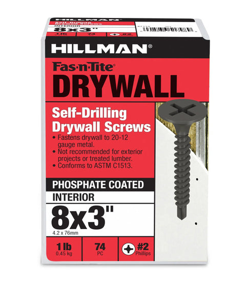 Heavy Duty Self Drilling Drywall Screws 8 X 3 Inch Black Phosphate Coating in a 74 pack box for metal stud installation.