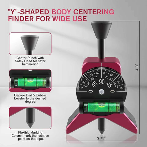 Front view of pink magnetic pipe center finder with Y-shaped base, degree dial, and bubble level.