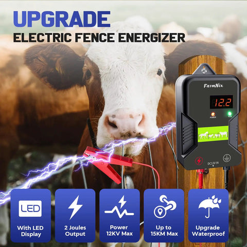 12KV Electric Fence Charger With LED Indicator, 15 KM Range, 2J Output beside cow, works on AC DC battery or solar power