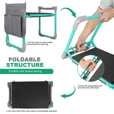 Illustration of 2-In-1 Garden Kneeler And Seat Foldable Bench With Non-Slip EVA Foam Pad Storage Pouches showing foldable features.
