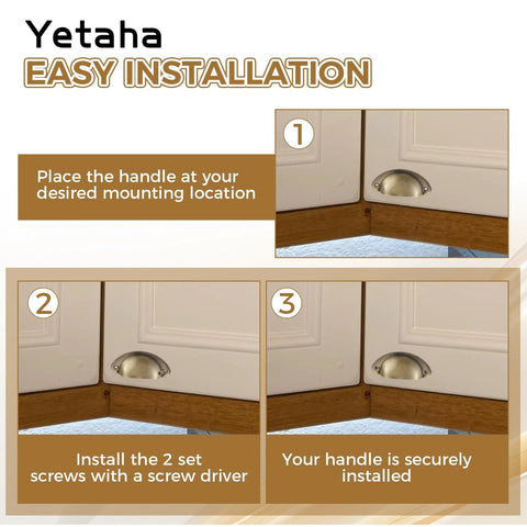 Installation steps for 10 Pieces Brushed Nickel Cup Handles with screws on cabinet doors, featuring antique brass finish.