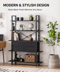 Sturdy 5 Tier Industrial Bookshelf With Four Drawers Built Like A Tank Tall Rustic Storage Shelf in a modern living room.