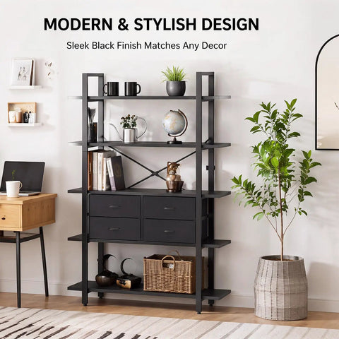 Sturdy 5 Tier Industrial Bookshelf With Four Drawers Built Like A Tank Tall Rustic Storage Shelf in a modern living room.