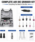 Badass Pneumatic Air Die Grinder Spins At 25000 Rpm With Slick Straight Inline Body For Heavy Duty Metal Working Polishing And Deburring Comes Loaded With 10 Grinding Stones Dual Size Collets And Durable Carry Case For Nailing Every Repair Job Smooth. Complete kit with air grinder and assorted grinding stones.