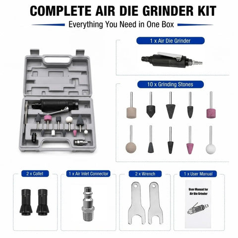 Badass Pneumatic Air Die Grinder Spins At 25000 Rpm With Slick Straight Inline Body For Heavy Duty Metal Working Polishing And Deburring Comes Loaded With 10 Grinding Stones Dual Size Collets And Durable Carry Case For Nailing Every Repair Job Smooth. Complete kit with air grinder and assorted grinding stones.