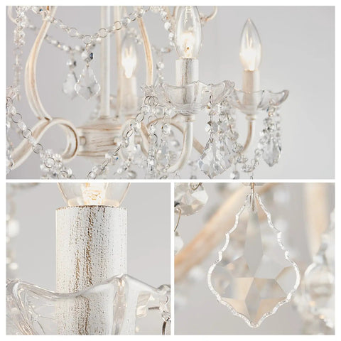 Five Light Crystal Candle Chandelier With Adjustable Chain And E12 Base For Bedroom Hallway Rustic White Ceiling Fixture close-up view of crystal details.