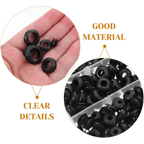 260 Pcs Black Rubber Grommets Wiring Assortment Kit With Double Sided Waterproof Seal For Precise Fit And Power Cord Protection In Automotive Wiring Harnesses And Electrical Systems, black grommets in hand