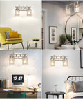 Modern Two Light Vanity Light Fixture In Brushed Nickel With Clear Glass Shades in various room settings including bathroom and bedroom