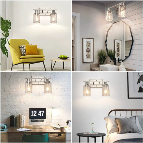 Modern Two Light Vanity Light Fixture In Brushed Nickel With Clear Glass Shades in various room settings including bathroom and bedroom
