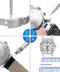 Must Have All In One Watch Band Repair Kit With Spring Bar Tool And Link Removal Tool 56 Stainless Steel Spring Bars For 16 26mm Bands Includes Handy User Manual Durable Waterproof Build For Replacing Straps And Adjusting Links showing detailed tool usage on watch bands.