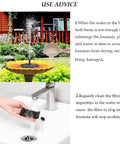 Upgraded Mini Solar Powered Fountain Pump For Bird Baths And Garden Ponds in operation with use advice text.