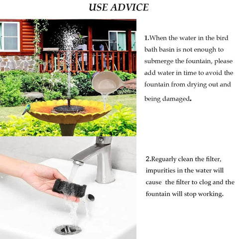 Upgraded Mini Solar Powered Fountain Pump For Bird Baths And Garden Ponds in operation with use advice text.