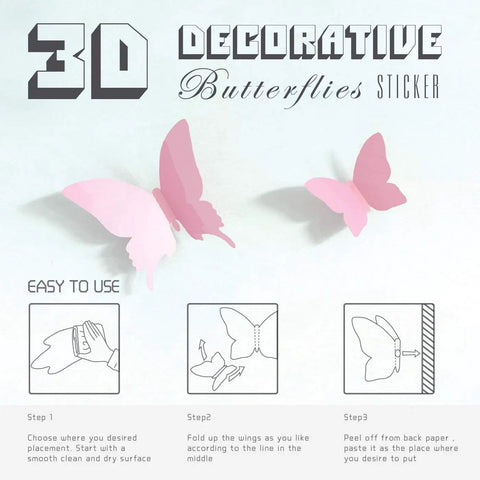 How-to guide for applying 24 Pack Pink Kawaii 3D Butterfly Wall Stickers Removable Mural Decals for Home and Girls Room Decor.