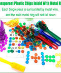 Magnetic Wand Set With 100 Multicolor Metal Ringed Discs And Bingo Chips showing four colored wands and bingo card.