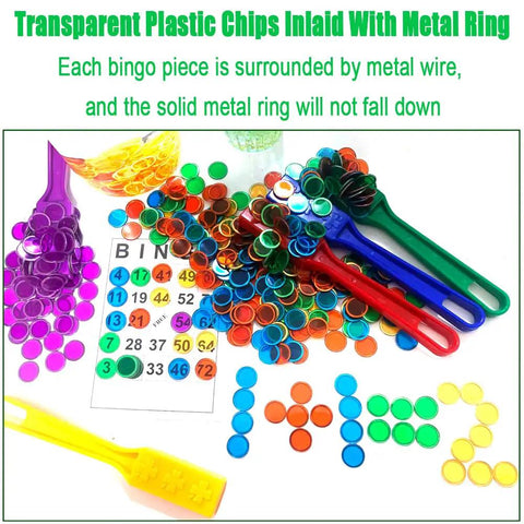 Magnetic Wand Set With 100 Multicolor Metal Ringed Discs And Bingo Chips showing four colored wands and bingo card.