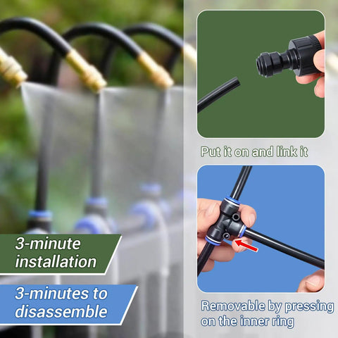 65 Foot Drip Irrigation Kit With Quick Connect Micro Mist No Fuss Watering System For Greenhouse And Garden Plug And Play DIY Setup Covers 215 Sq Ft Includes Distribution Tubing Tees Sprinkler Heads Ties And More showing quick connection and disassembly feature