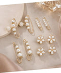 Eight Piece Pearl Waist Tightener Pins With Secure Locking Buckle System Fixes Loose Jeans And Skirts Instantly No Sew Hidden Dress Clips set with gold accents and pearls.